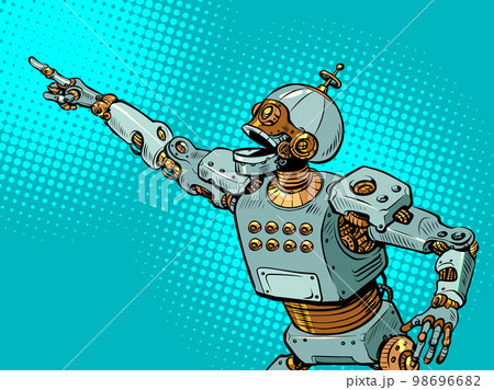 artificial intelligence robot point with their hand. Template advertising announcement news sale. Pop art style 98696682