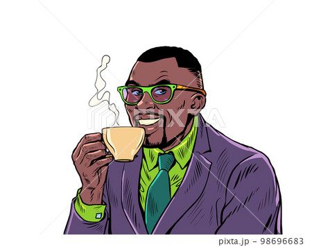 Joyful businessman drinking morning coffee. Hot drink. Cappuccino cocoa tea 98696683