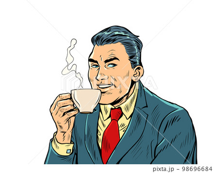 Joyful businessman drinking morning coffee. Hot drink. Cappuccino cocoa tea 98696684