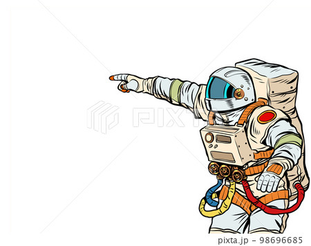 Astronaut space science. People point with their hand. Template advertising announcement news sale. Pop art style 98696685