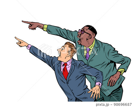 People point with their hand. Template advertising announcement news sale. Two male businessmen, partners Pop art style 98696687