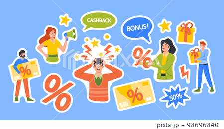 Set of Stickers Male Buyer Surrounded by Intrusive Advertising of Promotional Products. People Offer Discounts 98696840