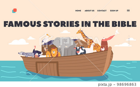 Noah Character Waits out Flood on Ark. Domestic and Wild Animals on Large Wooden Ship. Cartoon Vector Illustration 98696863