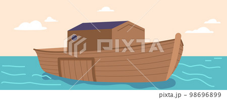 Noah Ark Surrounded by Water under Clear Sky. Great Ship for Salvation of Mankind. Cartoon Vector Illustration 98696899