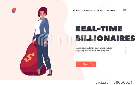 Real-time Billionaires Landing Page Template. Wealthy Young Woman with Money Bag. Businesswoman Receiving Income Real-time Billionaires Landing Page Template. Wealthy Young Woman with Money Bag. Businesswoman Receiving Income 98696914