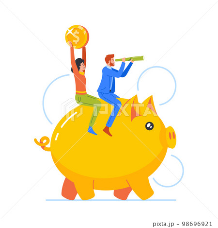 Male and Female Businesspeople Characters Riding Piggy Bank with Coin and Spyglass. Family Savings Management Male and Female Businesspeople Characters Riding Piggy Bank with Coin and Spyglass. Family Savings Management 98696921