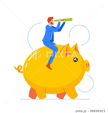 Man Riding Piggy Bank Looking at Goal through Spyglass Isolated on White Background. Businessman Character Entrepreneur 98696925
