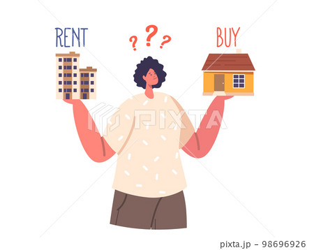 Financial Choice between Buying and Rent Apartment Isolated on White Background. Cartoon People Vector Illustration Financial Choice between Buying and Rent Apartment Isolated on White Background. Cartoon People Vector Illustration 98696926