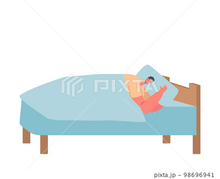 Smiling Young Man Sleeping on Bed. Rest after Work. Isolated on White Background. Cartoon People Vector Illustration 98696941