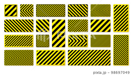Various black and yellow warning signs with diagonal lines. Attention, danger or caution sign, construction site signage. Realistic notice signboard, warning banner, road shield. Vector illustration Various black and yellow warning signs with diagonal lines. Attention, danger or caution sign, construction site signage. Realistic notice signboard, warning banner, road shield. Vector illustration 98697049