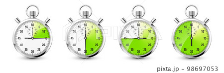 Realistic classic stopwatch icons. Shiny metal chronometer time counter with dial. Green countdown timer showing minutes and seconds. Time measurement for sport, start and finish. Vector illustration 98697053