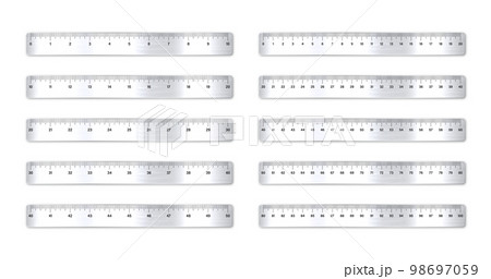 Realistic various brushed metal rulers with measurement scale and divisions, measure marks. School ruler, centimeter and inch scale for length measuring. Office supplies. Vector illustration 98697059