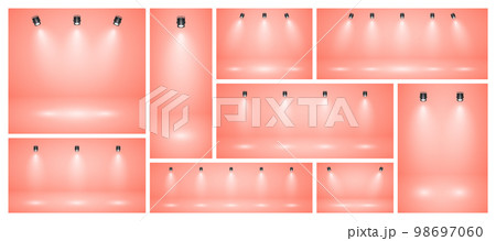 Empty peach studio abstract backgrounds with spotlights. Product showcase backdrop with spotlight effect. Stage lighting. Vector illustration Empty peach studio abstract backgrounds with spotlights. Product showcase backdrop with spotlight effect. Stage lighting. Vector illustration 98697060
