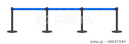 Realistic blue retractable belt stanchion. Crowd control barrier posts with caution strap. Queue lines. Restriction border and danger tape. Attention, warning sign. Vector illustration 98697084