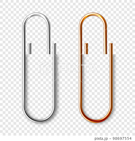 Realistic copper and steel paperclips attached to paper. Shiny metal paper clip, page holder, binder. Workplace office supplies. Vector illustration 98697554