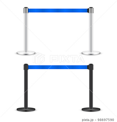 Realistic blue retractable belt stanchion. Crowd control barrier posts with caution strap. Queue lines. Restriction border and danger tape. Attention, warning sign. Vector illustration 98697590