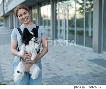 Happy caucasian woman walking with a dog in a backpack. Papillon Spaniel Continental in a sling. Happy caucasian woman walking with a dog in a backpack. Papillon Spaniel Continental in a sling. 98697672