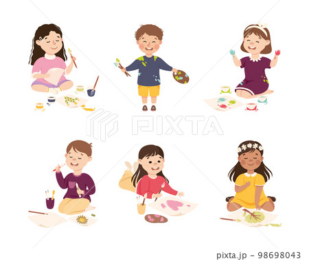 Happy Cute Kids Drawing and Painting on Paper with Brush and Color Pen Vector Set 98698043