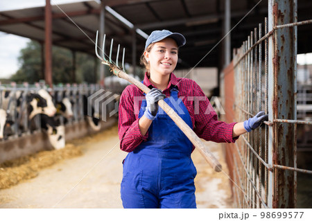 Portrait of successful european female farmer posing in cowshed 98699577