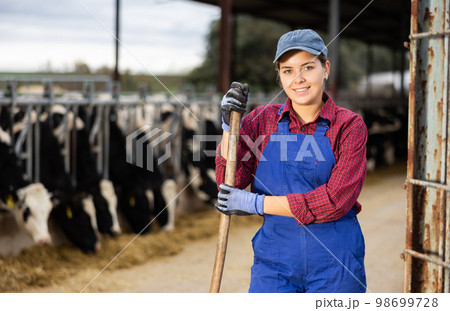 Young female farmer posing while feeding cows at farm Young female farmer posing while feeding cows at farm 98699728