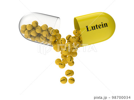 Open capsule with lutein from which the vitamin composition is pouring. 3D rendering illustration Open capsule with lutein from which the vitamin composition is pouring. 3D rendering illustration 98700034