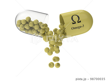 Open capsule with omega 3 from which the vitamin composition is pouring. 3D rendering illustration 98700035