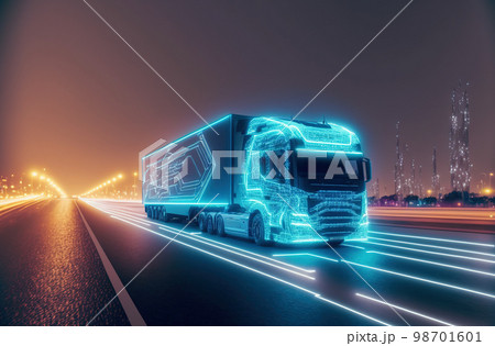 Self driving futuristic freight truck deliver goods to warehouse on city highway 98701601