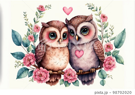 Cute little owl in love on romantic Valentine's day hand drawn cartoon style Cute little owl in love on romantic Valentine's day hand drawn cartoon style 98702020