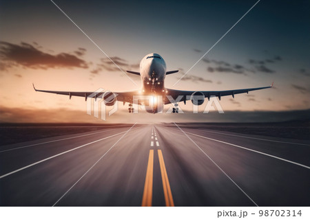 Commercial or cargo airplane taking off from the airport runway 98702314