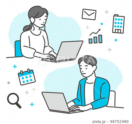 パソコンでメールをチェックしたりスケジュールを管理する、若い男女のベクターイラスト素材／若者／ビジネ 98702980