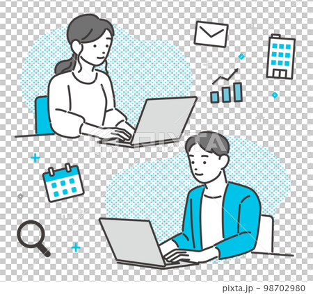 パソコンでメールをチェックしたりスケジュールを管理する、若い男女のベクターイラスト素材／若者／ビジネ 98702980