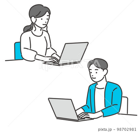 パソコンを操作する若い男女のベクターイラスト素材／若者／ビジネス／テレワーク 98702981
