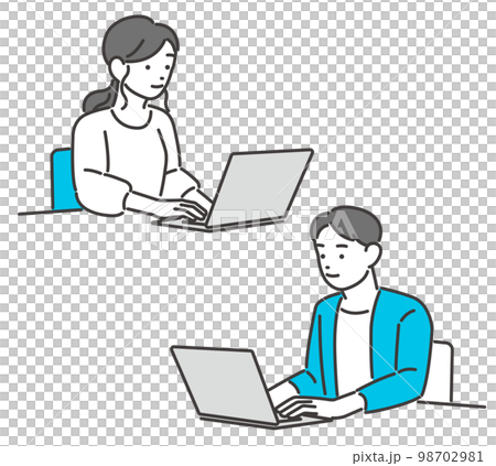 Vector illustration material of young men and women who operate a personal computer / young people / business / telework 98702981