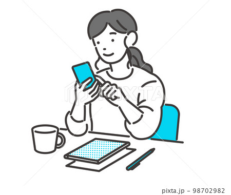 リラックスしながらスマホをチェックする若い女性のベクターイラスト素材/カフェ/買い物 リラックスしながらスマホをチェックする若い女性のベクターイラスト素材/カフェ/買い物 98702982