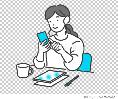 一位年輕女性在放鬆/咖啡館/購物時檢查智能手機的矢量插圖素材 一位年輕女性在放鬆/咖啡館/購物時檢查智能手機的矢量插圖素材 98702982