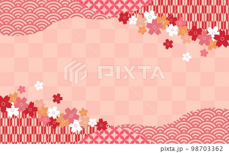 ピンクの格子柄の背景に和柄のフレームと桜 ピンクの格子柄の背景に和柄のフレームと桜 98703362