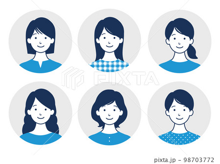 笑顔の女性のアバターアイコンイラストセット 青 98703772
