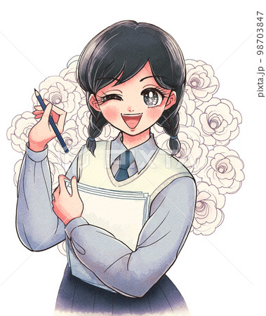 ガールズアニメ風・小説を書くかわいい女子高生のイラスト ガールズアニメ風・小説を書くかわいい女子高生のイラスト 98703847