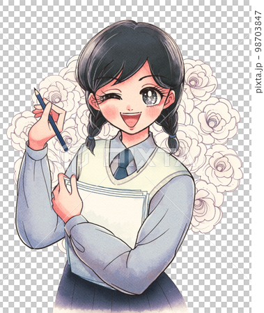 寫動漫風格小說的可愛女高中生插畫 98703847
