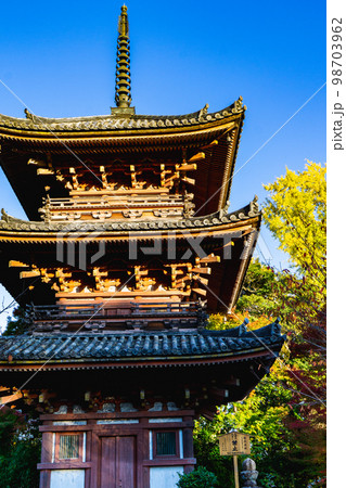 京都府の寶積寺の紅葉と三重塔 98703962