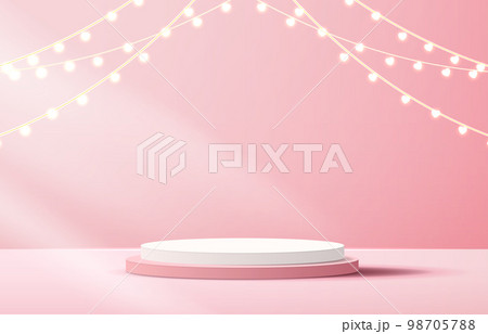 Happy valentine day and stage podium decorated with heart shape lighting. pedestal scene with for product, cosmetic, advertising, show, award ceremony, on pink background. vector design. 98705788