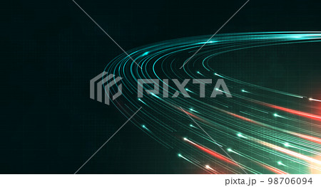 Green light streak, fiber optic, speed line, futuristic background for 5g or 6g technology wireless data transmission, high-speed internet in abstract. internet network concept. vector design. 98706094