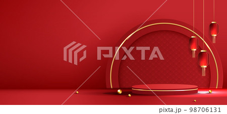 Podium stage chinese style for chinese new year and festivals or mid autumn festival with red background. mock up stage with festive lanterns and clouds. vector design. 98706131
