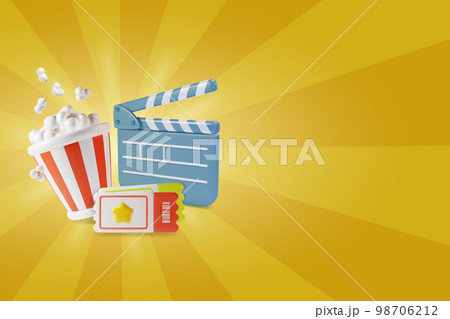 3d Cinema Movie Concept on a Yellow Background with Rays or Stripes. Vector illustration of Video Shooting Clapboard, Ticket and Popcorn Bucket 98706212
