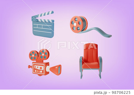 3d Cinema Movie Filmmaking Elements Set Plasticine Cartoon Style Include of Clapboard, Film Reel, Camera and Armchair. Vector illustration 3d Cinema Movie Filmmaking Elements Set Plasticine Cartoon Style Include of Clapboard, Film Reel, Camera and Armchair. Vector illustration 98706225