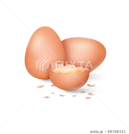 3d brown egg, eat yolk. Realistic uncooked eggshell, white and yellow food, template for easter. Half and whole element, fresh poultry diet product composition. Vector isolated illustration 98706331