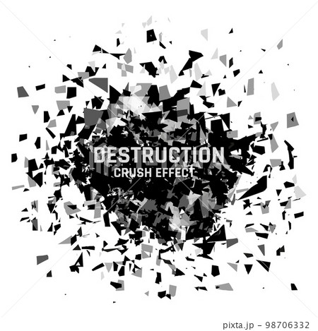 Shatter destruction. Broken glass. Crush effect. Blast fragments. Disintegrate debris. Window explosion. 3D splinters scatter. Creative geometric black paint. Vector concept background 98706332