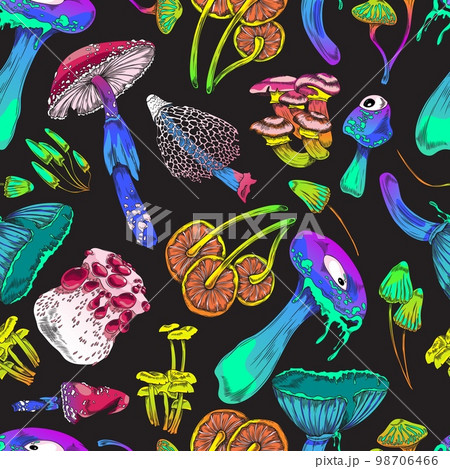 Magic mushrooms monsters seamless pattern cartoon vector illustration. 98706466