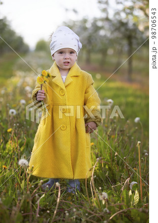 Child in the spring garden. Funny little girl in a yellow coat is holding dandelions. 98706543