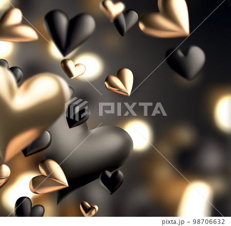 Romantic Card Background with 3D Gold and Black Flying Hearts Romantic Card Background with 3D Gold and Black Flying Hearts 98706632